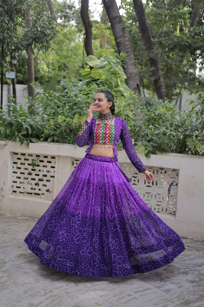 Purple Bandhani Print Lehenga with Kutchi Gamthi Patchwork & Matching Blouse ClothsVilla
