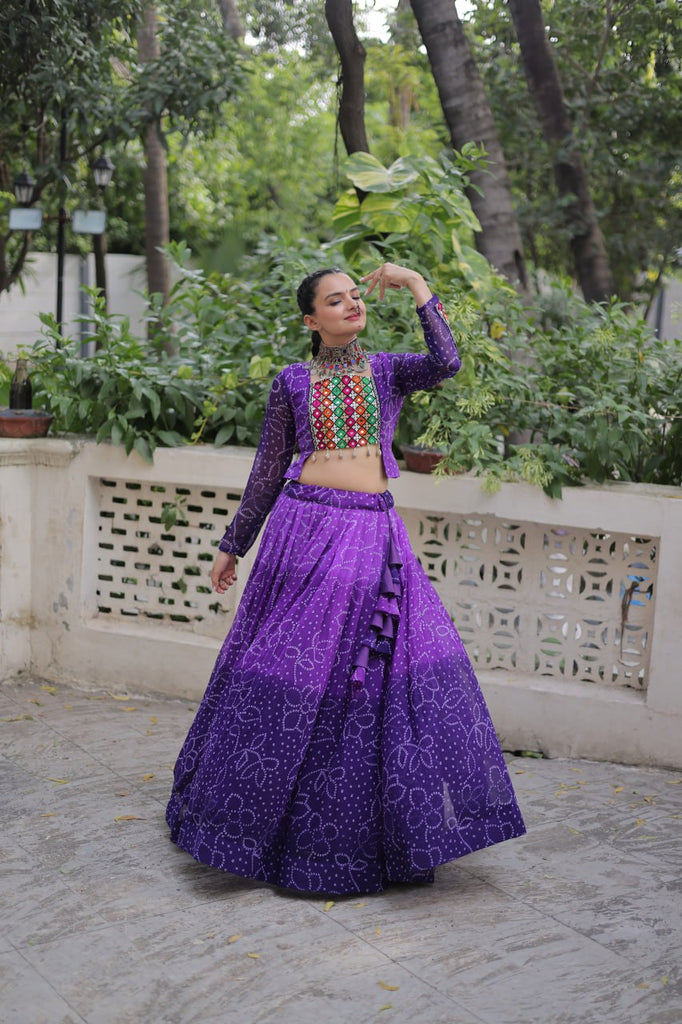 Purple Bandhani Print Lehenga with Kutchi Gamthi Patchwork & Matching Blouse ClothsVilla