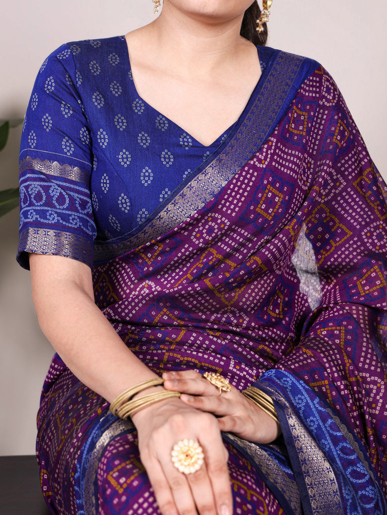 Purple Bandhej Print Chanderi Saree with Zari Weaving Work ClothsVilla