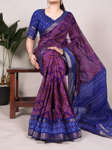 Purple Bandhej Print Chanderi Saree with Zari Weaving Work ClothsVilla