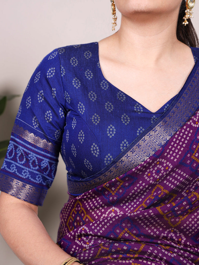 Purple Bandhej Print Chanderi Saree with Zari Weaving Work ClothsVilla