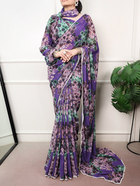 Purple Bloom Floral Marbal Saree ClothsVilla Main image