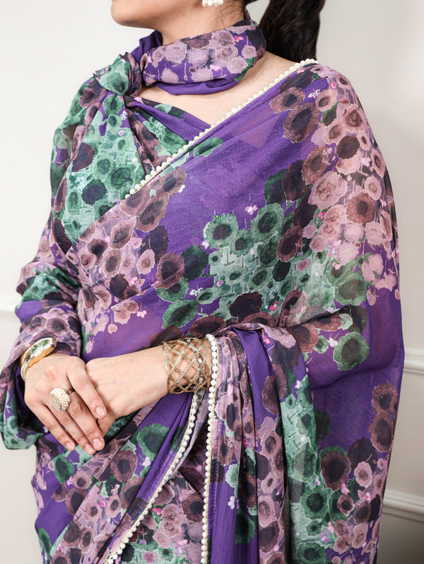 Purple Bloom Floral Marbal Saree ClothsVilla