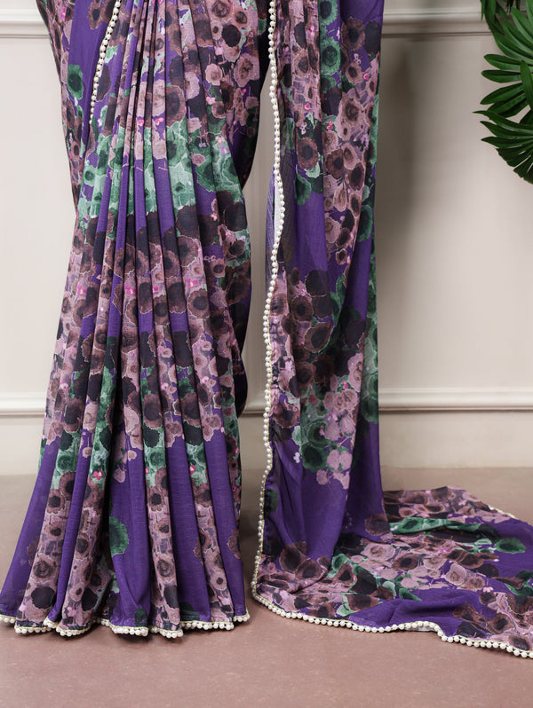 Purple Bloom Floral Marbal Saree ClothsVilla