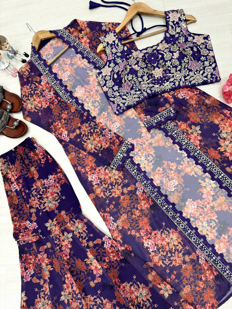 Purple Bollywood Style Indo-Western Koti, Plazzo & Blouse Set with Floral Digital Print & 5MM Sequins Work ClothsVilla