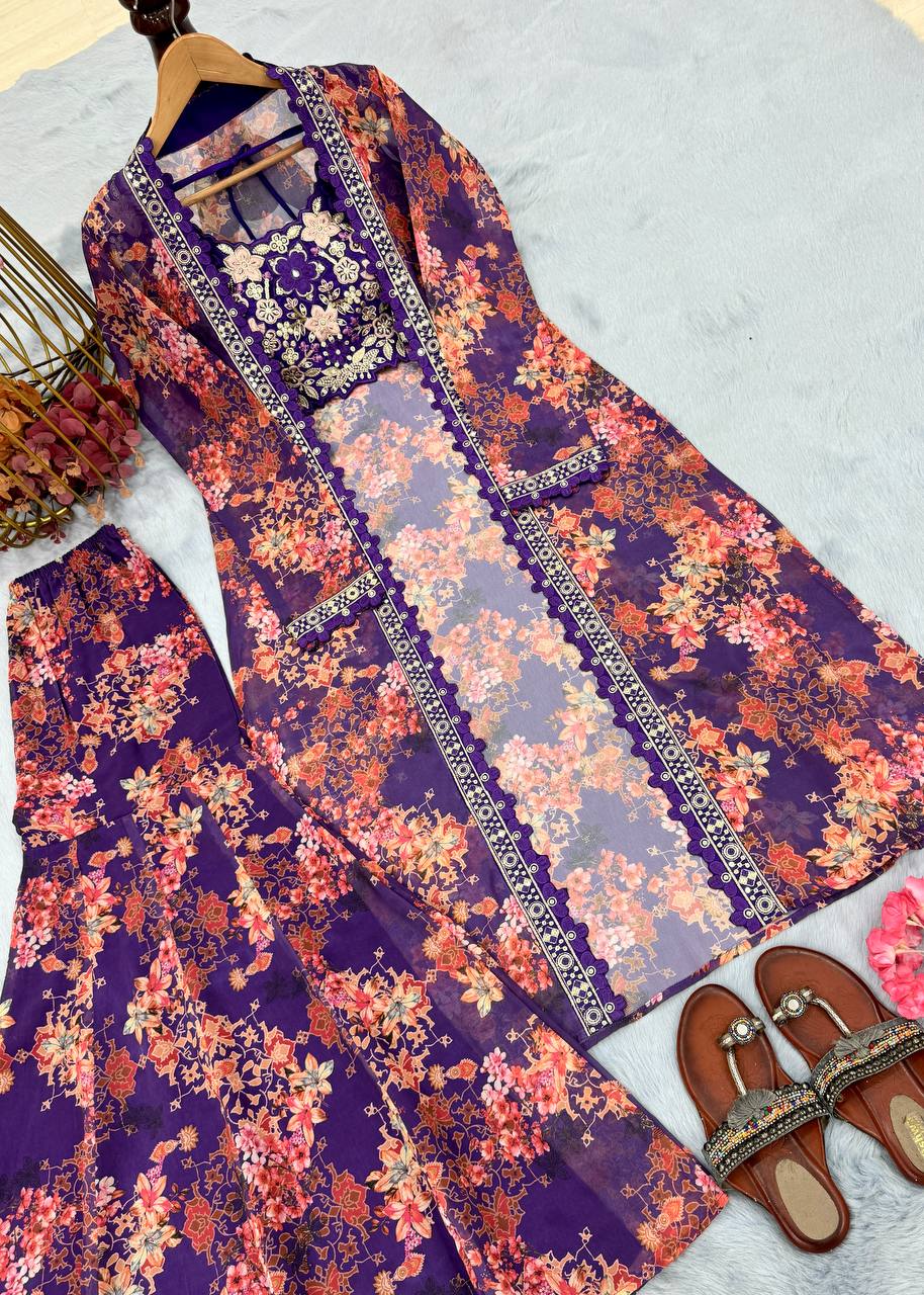 Purple Bollywood Style Indo-Western Koti, Plazzo & Blouse Set with Floral Digital Print & 5MM Sequins Work ClothsVilla
