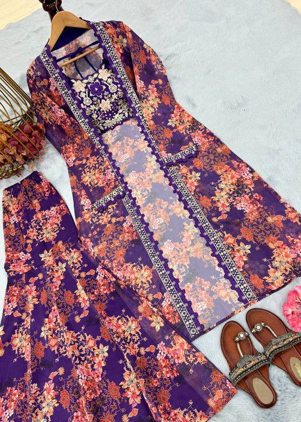 Purple Bollywood Style Indo-Western Koti, Plazzo & Blouse Set with Floral Digital Print & 5MM Sequins Work ClothsVilla
