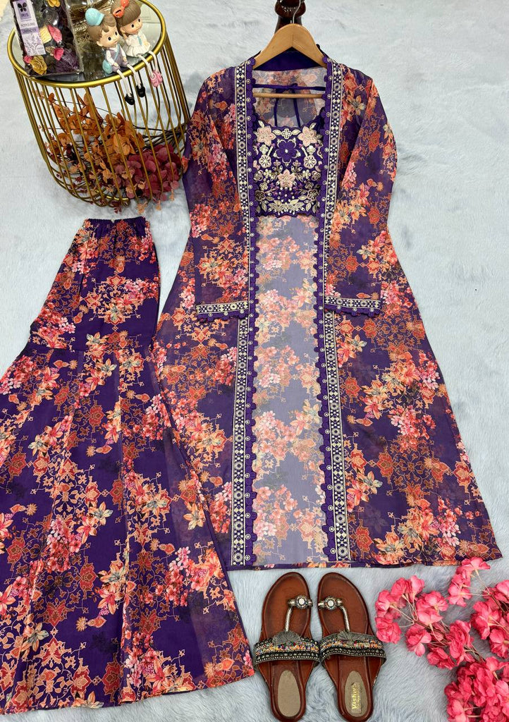 Purple Bollywood Style Indo-Western Koti, Plazzo & Blouse Set with Floral Digital Print & 5MM Sequins Work ClothsVilla