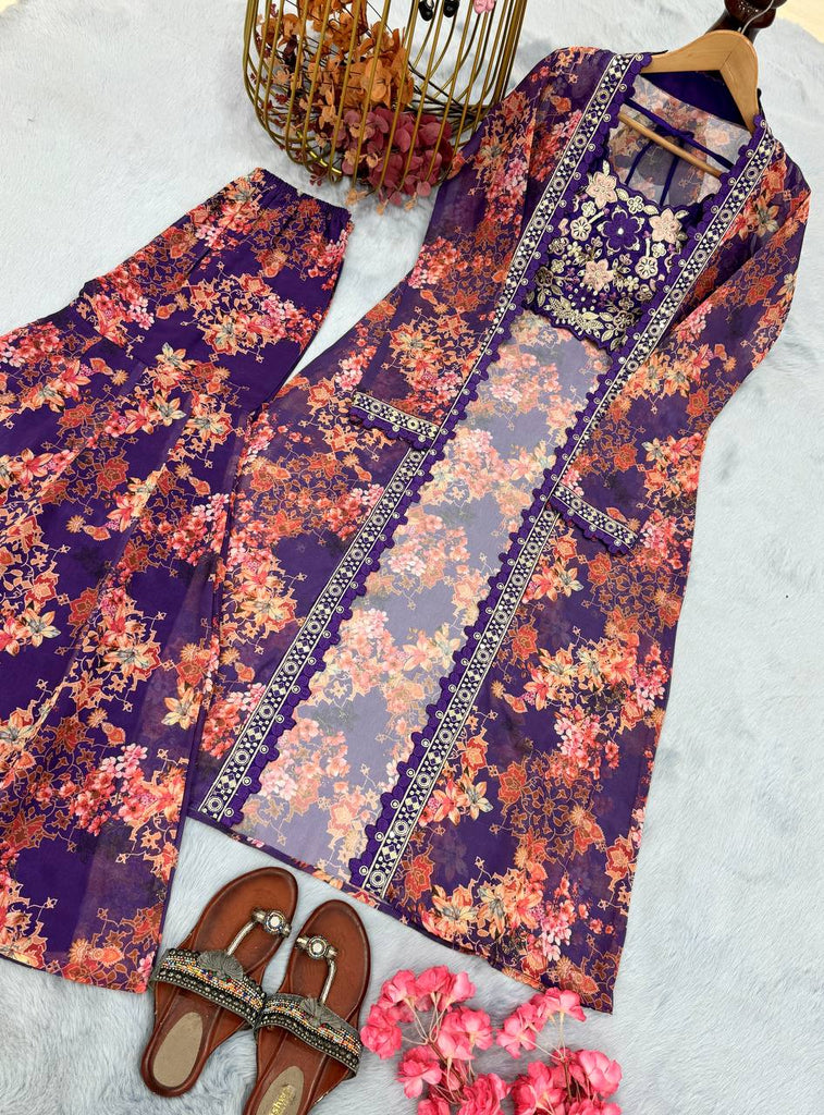 Purple Bollywood Style Indo-Western Koti, Plazzo & Blouse Set with Floral Digital Print & 5MM Sequins Work ClothsVilla