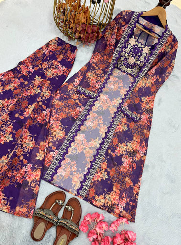 Purple Bollywood Style Indo-Western Koti, Plazzo & Blouse Set with Floral Digital Print & 5MM Sequins Work ClothsVilla