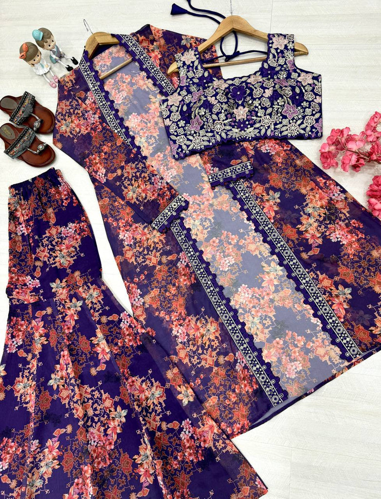 Purple Bollywood Style Indo-Western Koti, Plazzo & Blouse Set with Floral Digital Print & 5MM Sequins Work ClothsVilla