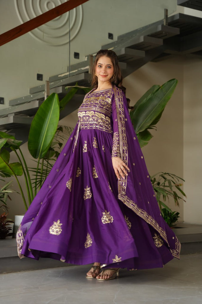 Purple Chinnon Sequins & Beads Embroidered Gown with Dupatta ClothsVilla