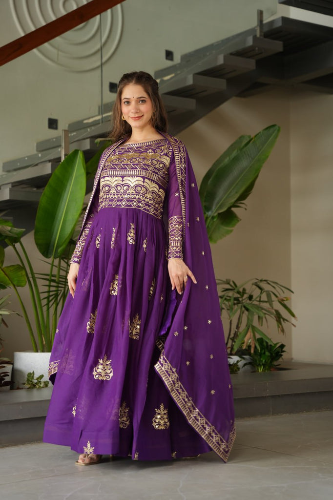 Purple Chinnon Sequins & Beads Embroidered Gown with Dupatta ClothsVilla