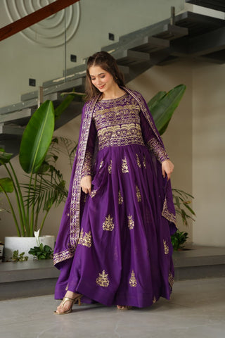 Purple Chinnon Sequins & Beads Embroidered Gown with Dupatta ClothsVilla
