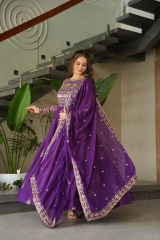 Purple Chinnon Sequins & Beads Embroidered Gown with Dupatta ClothsVilla