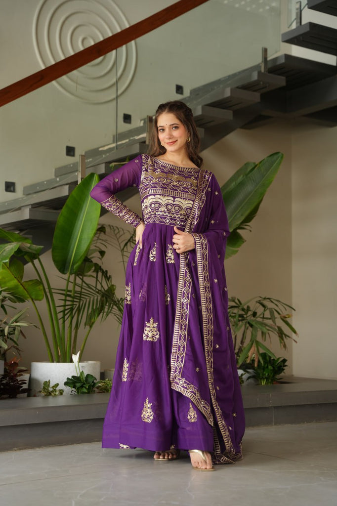 Purple Chinnon Sequins & Beads Embroidered Gown with Dupatta ClothsVilla