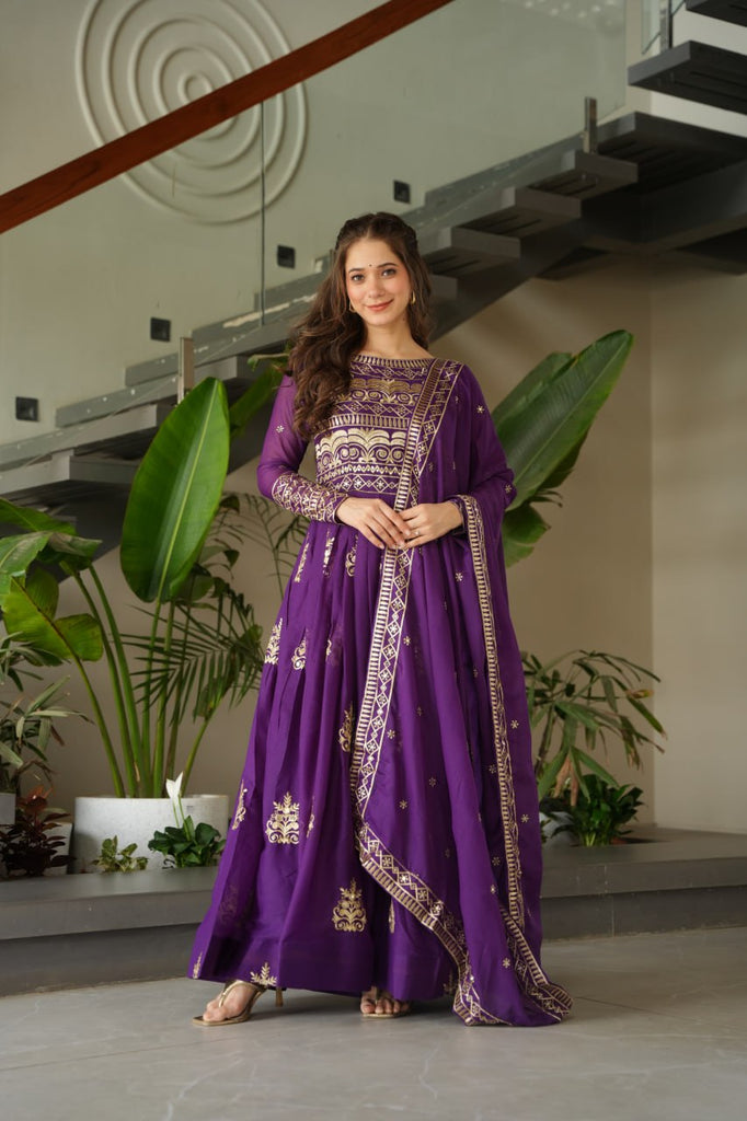 Purple Chinnon Sequins & Beads Embroidered Gown with Dupatta ClothsVilla