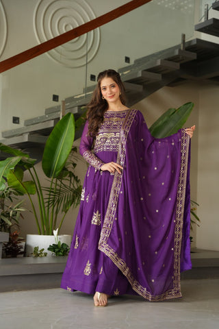 Purple Chinnon Sequins & Beads Embroidered Gown with Dupatta ClothsVilla