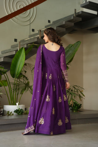 Purple Chinnon Sequins & Beads Embroidered Gown with Dupatta ClothsVilla