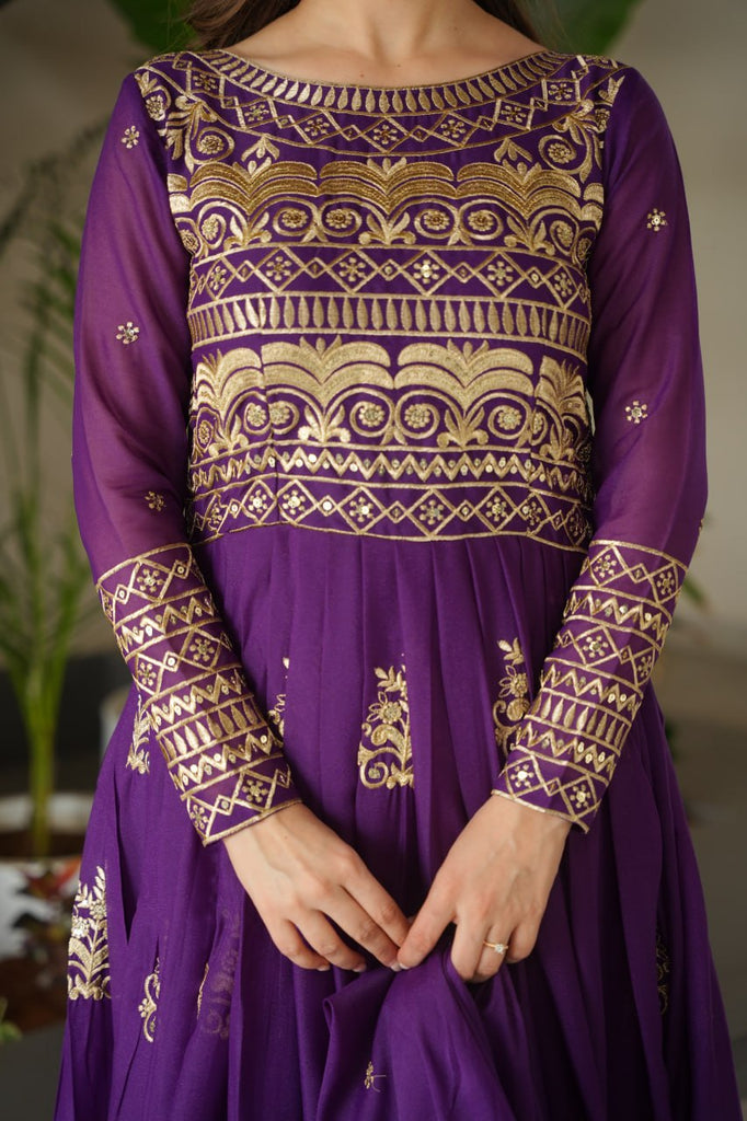 Purple Chinnon Sequins & Beads Embroidered Gown with Dupatta ClothsVilla