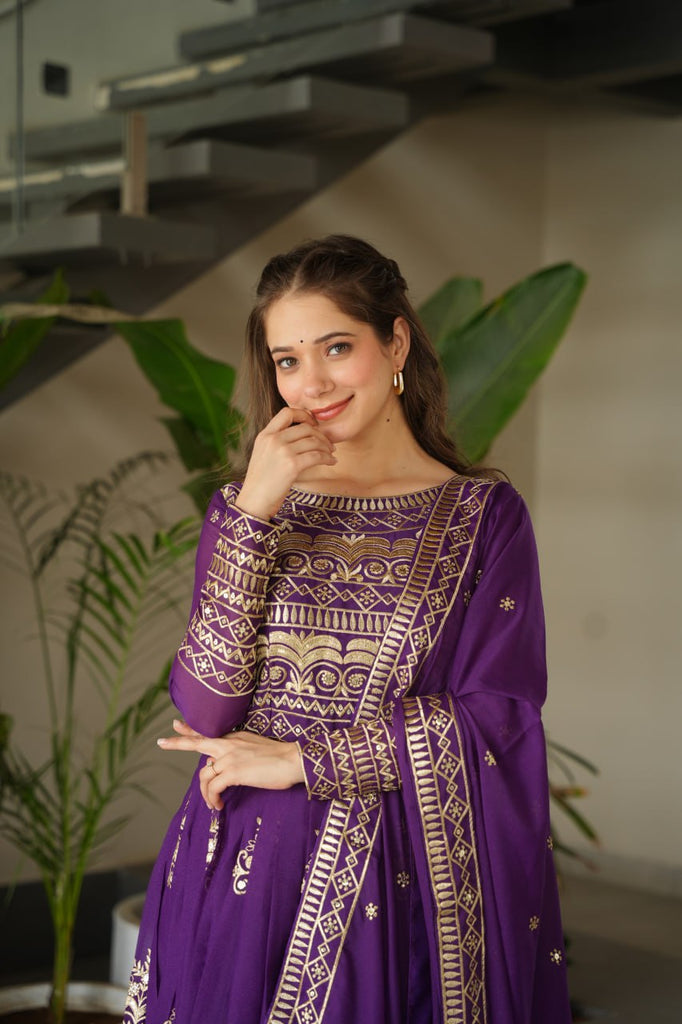 Purple Chinnon Sequins & Beads Embroidered Gown with Dupatta ClothsVilla