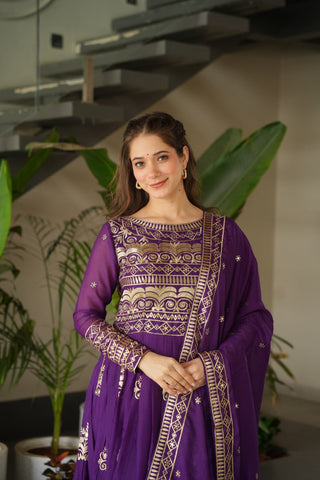 Purple Chinnon Sequins & Beads Embroidered Gown with Dupatta ClothsVilla