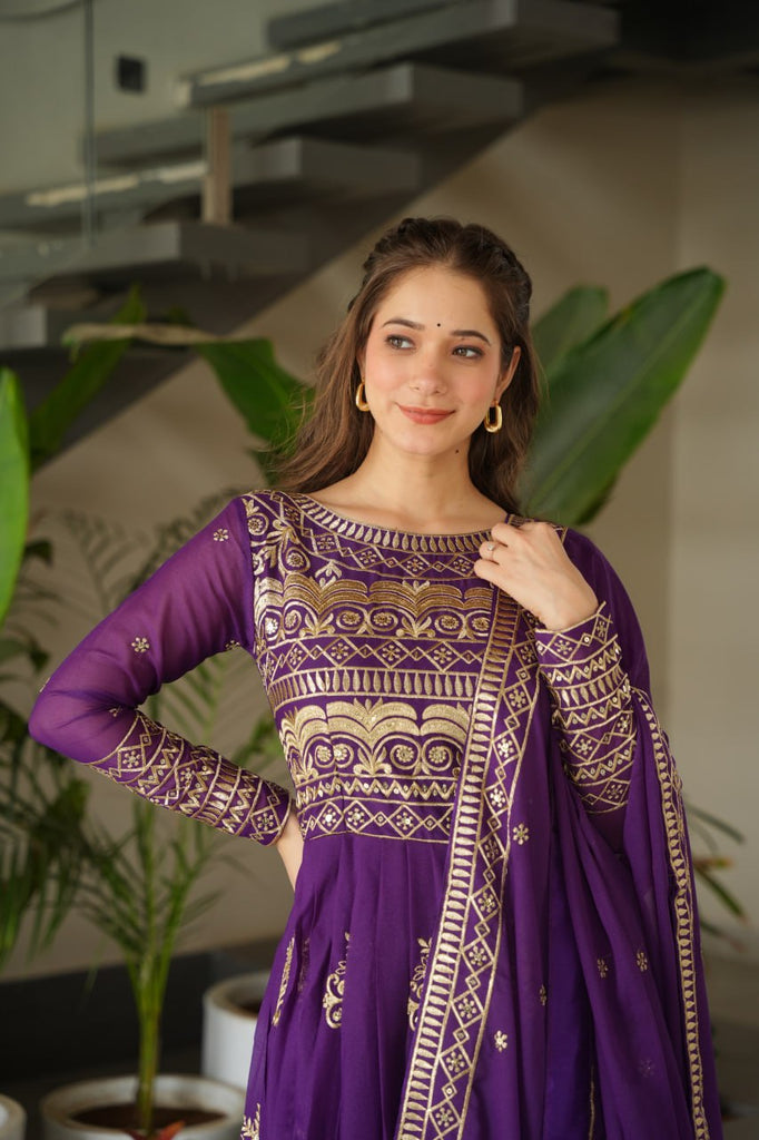 Purple Chinnon Sequins & Beads Embroidered Gown with Dupatta ClothsVilla