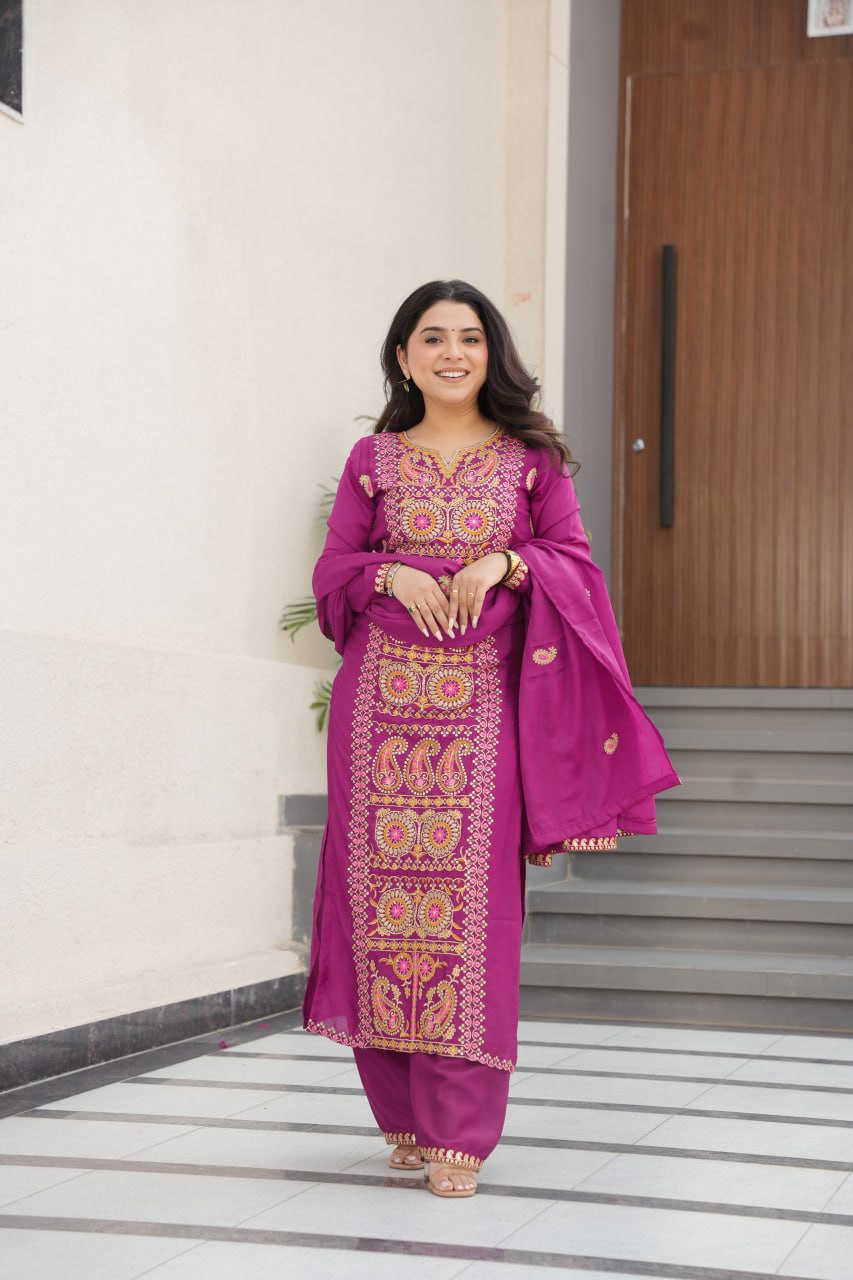 Wine Chinnon Silk Embroidered Top Pant Set ClothsVilla