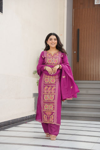 Wine Chinnon Silk Embroidered Top Pant Set ClothsVilla