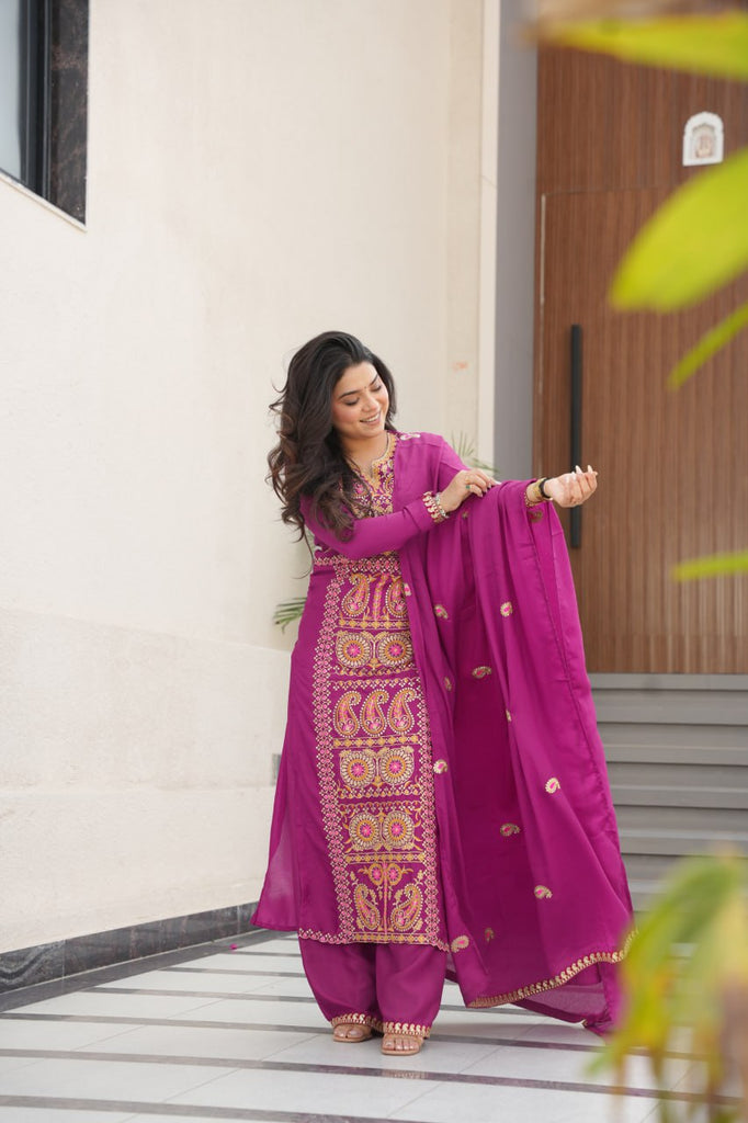 Wine Chinnon Silk Embroidered Top Pant Set ClothsVilla