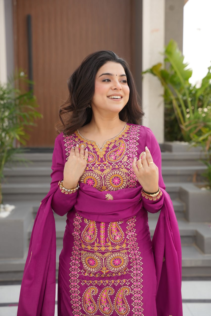 Wine Chinnon Silk Embroidered Top Pant Set ClothsVilla