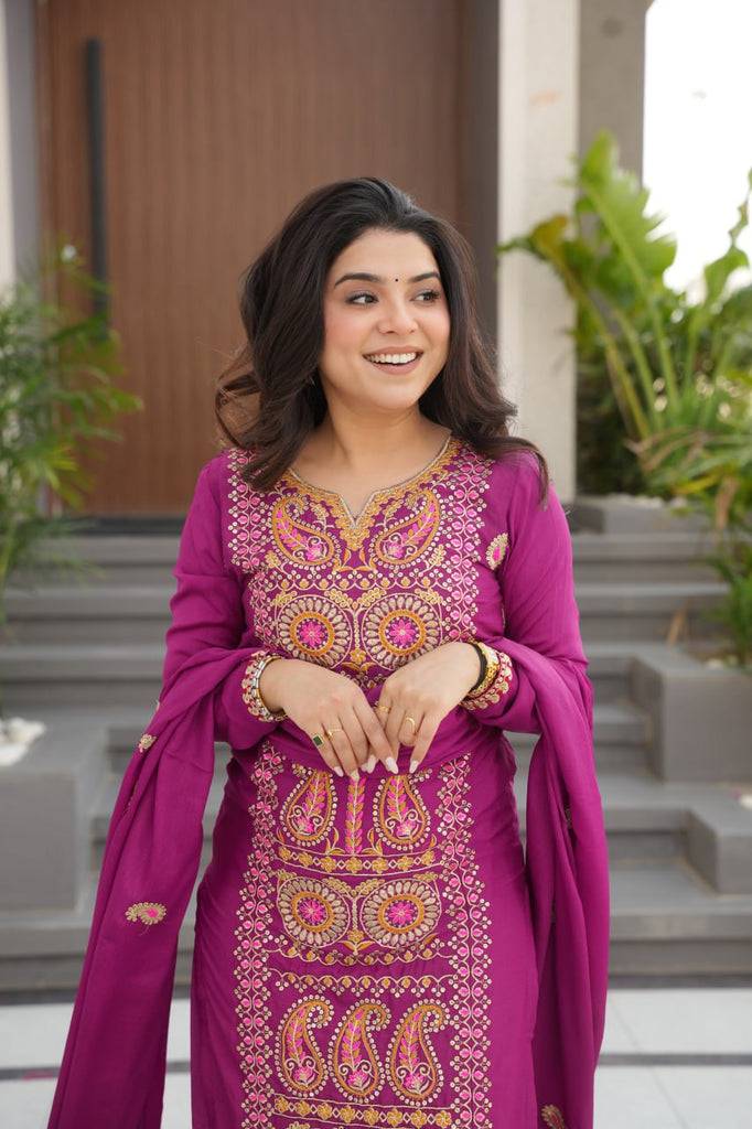 Wine Chinnon Silk Embroidered Top Pant Set ClothsVilla