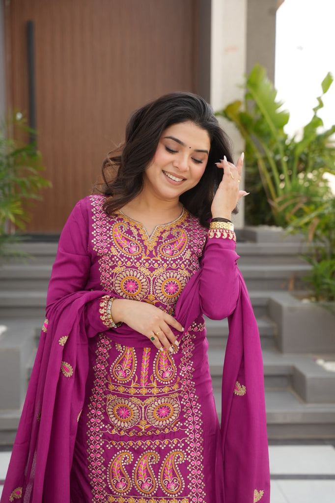 Wine Chinnon Silk Embroidered Top Pant Set ClothsVilla