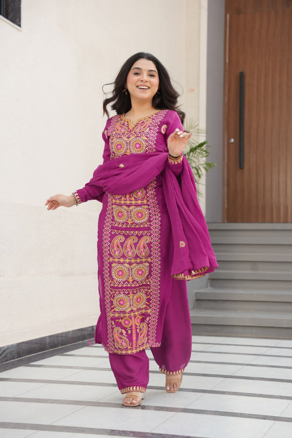 Wine Chinnon Silk Embroidered Top Pant Set ClothsVilla