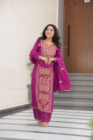 Wine Chinnon Silk Embroidered Top Pant Set ClothsVilla