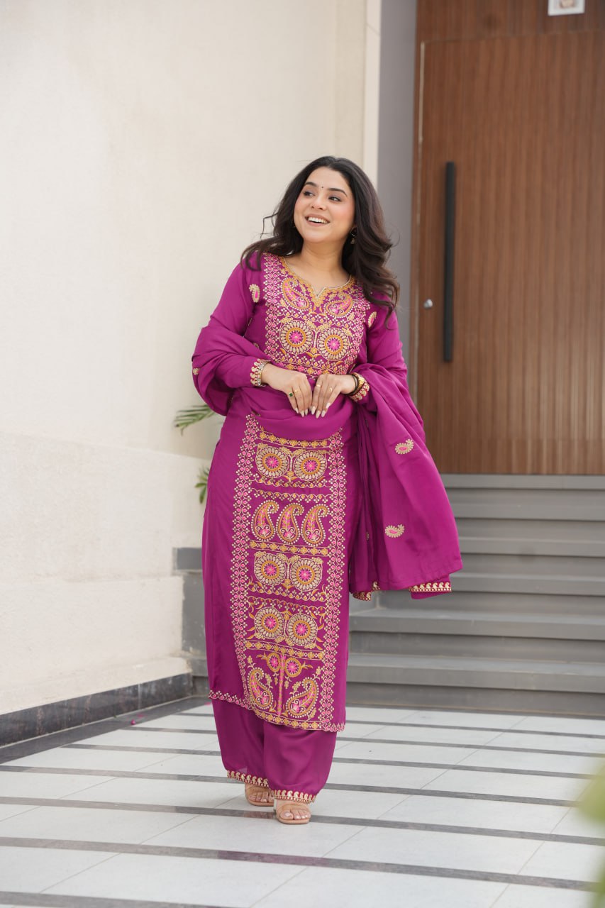 Wine Chinnon Silk Embroidered Top Pant Set ClothsVilla