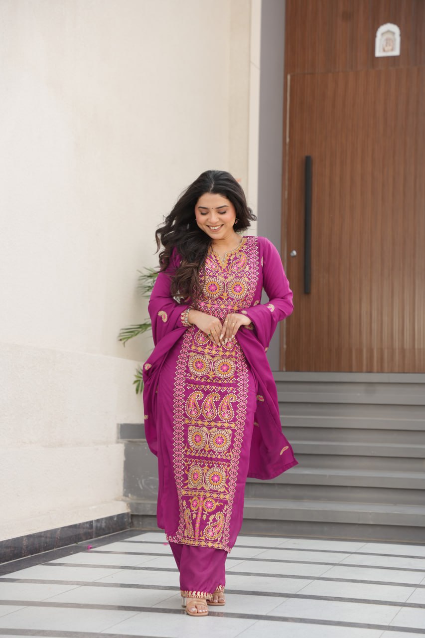 Wine Chinnon Silk Embroidered Top Pant Set ClothsVilla