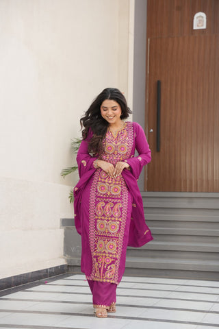 Wine Chinnon Silk Embroidered Top Pant Set ClothsVilla