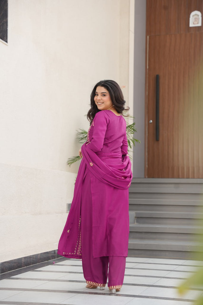 Wine Chinnon Silk Embroidered Top Pant Set ClothsVilla