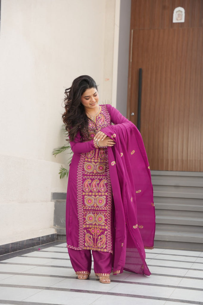 Wine Chinnon Silk Embroidered Top Pant Set ClothsVilla