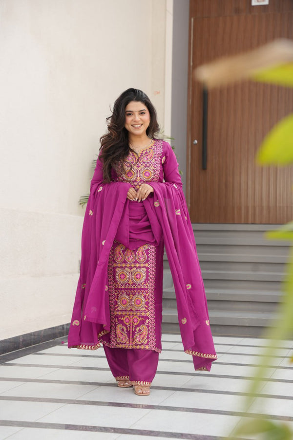 Wine Chinnon Silk Embroidered Top Pant Set ClothsVilla