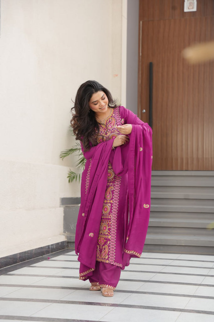 Wine Chinnon Silk Embroidered Top Pant Set ClothsVilla