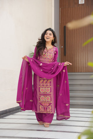 Wine Chinnon Silk Embroidered Top Pant Set ClothsVilla
