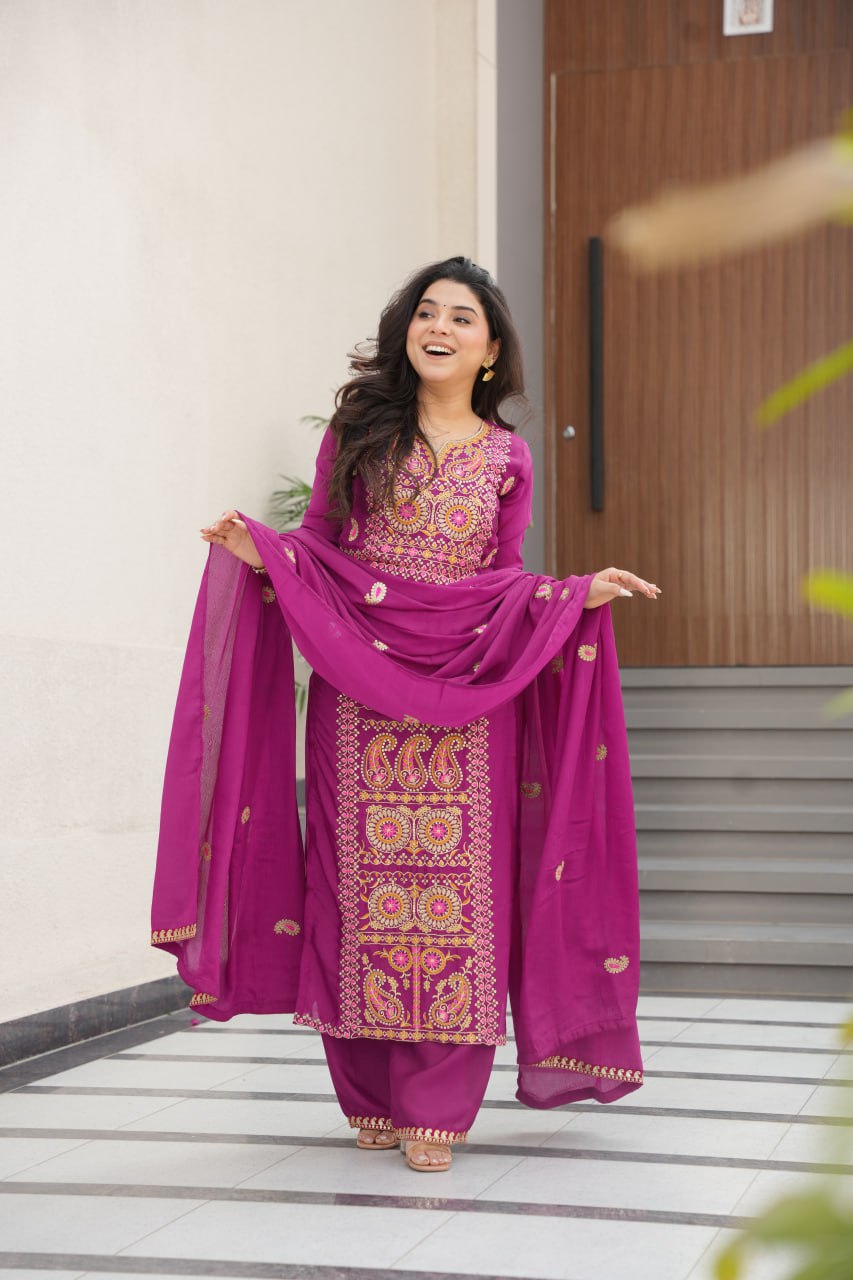 Wine Chinnon Silk Embroidered Top Pant Set ClothsVilla