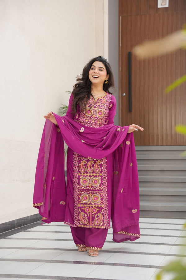 Wine Chinnon Silk Embroidered Top Pant Set ClothsVilla
