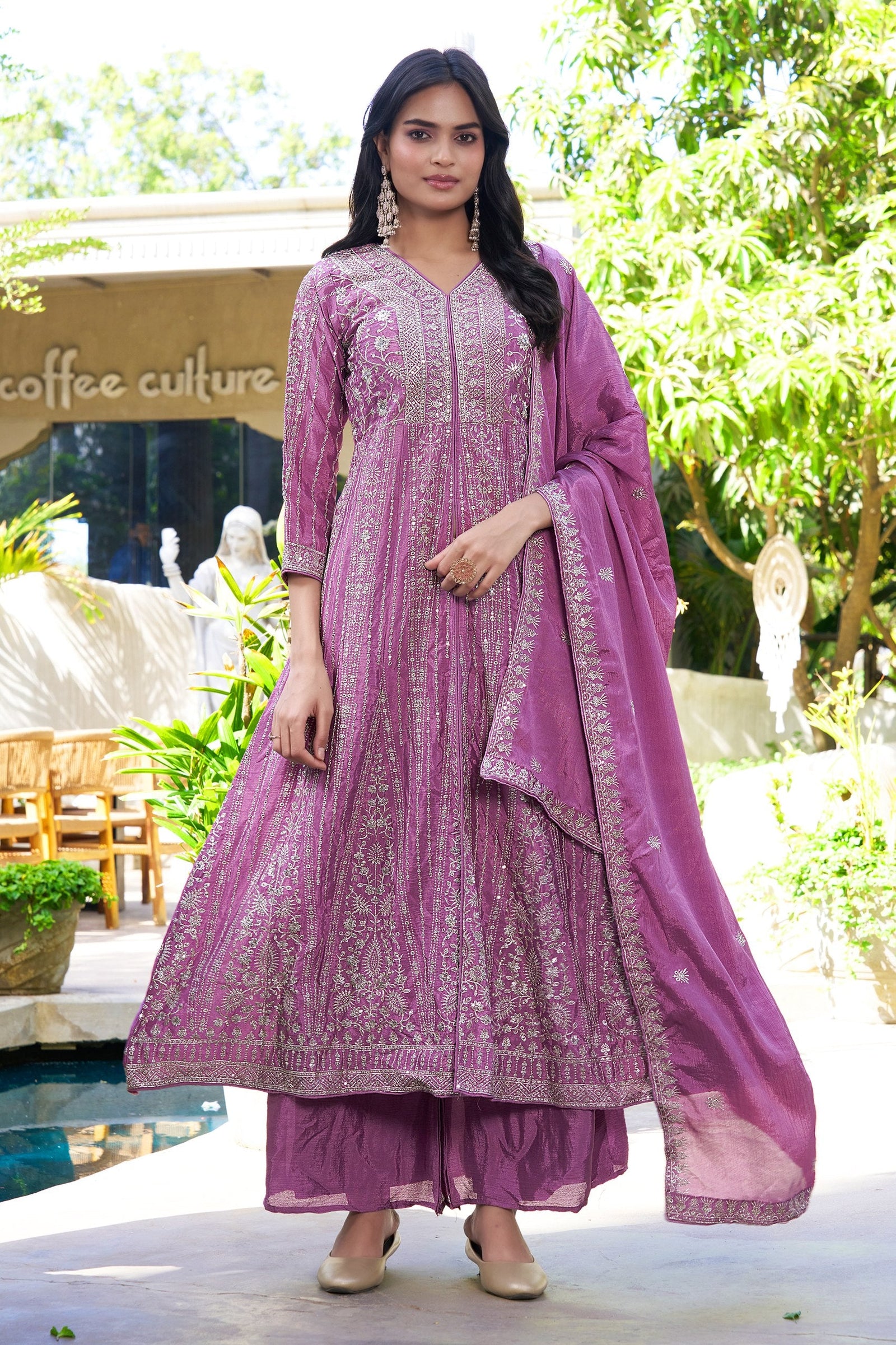Purple Chinon Embroidered Gown Set ClothsVilla