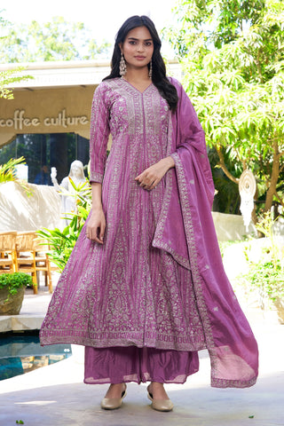 Purple Chinon Embroidered Gown Set ClothsVilla