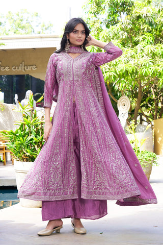 Purple Chinon Embroidered Gown Set ClothsVilla