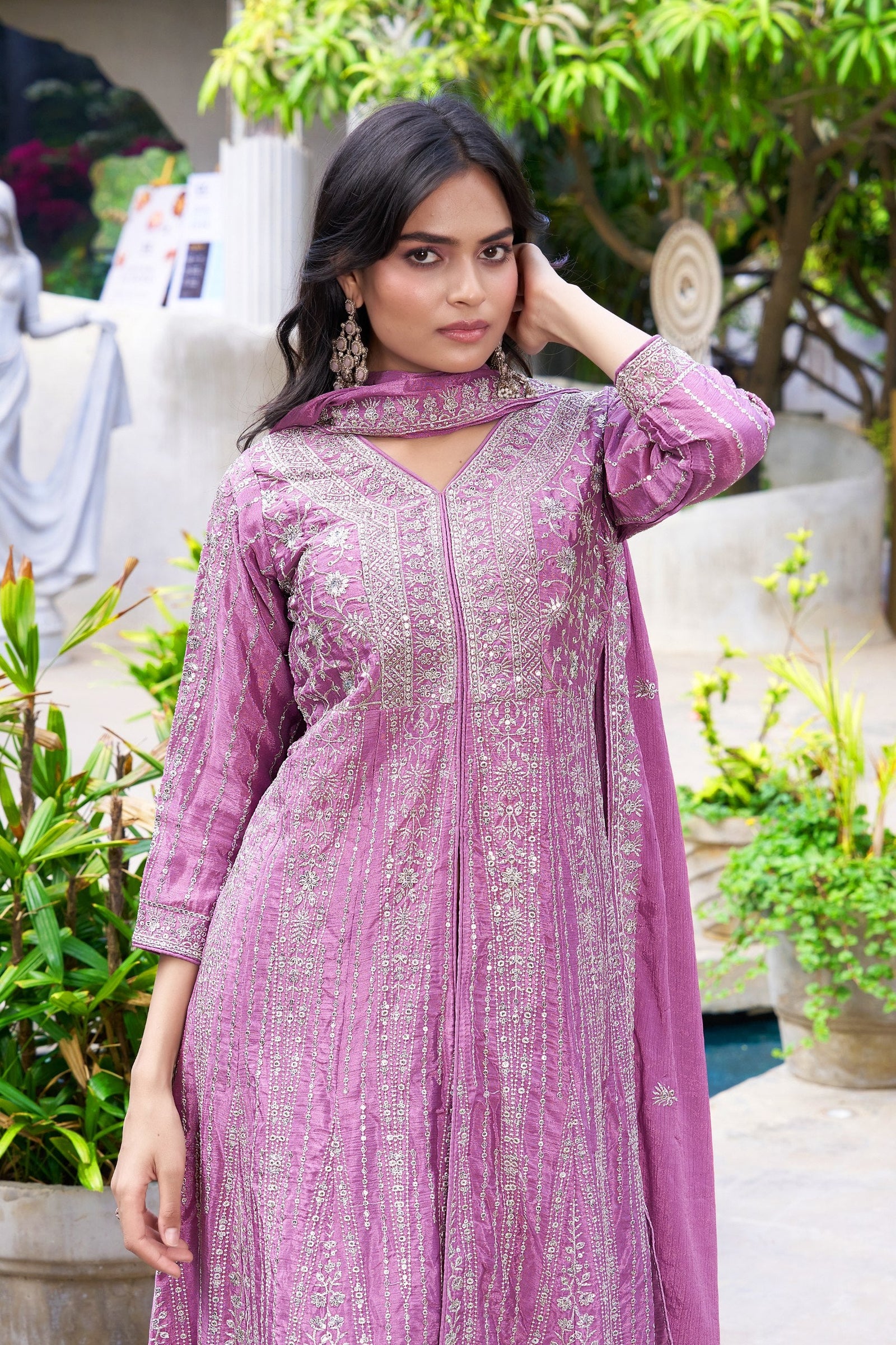 Purple Chinon Embroidered Gown Set ClothsVilla