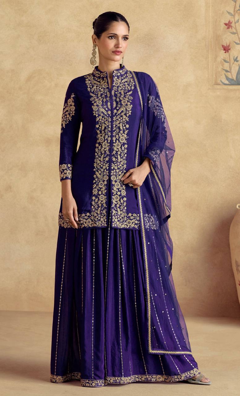 Purple Chinon Embroidered Suit Set with Dupatta – Fully Stitched 3-Piece Set Secondary image